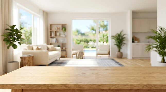 Empty Wooden Table Mockup Foreground with Blurred Modern Interior Living Room Background for Product Display Design
