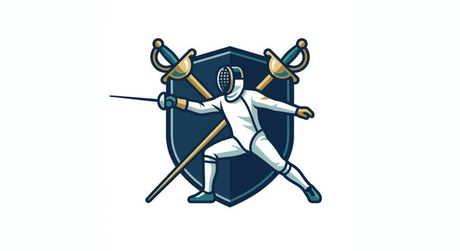 Fencing athlete with rapier and shield logo.