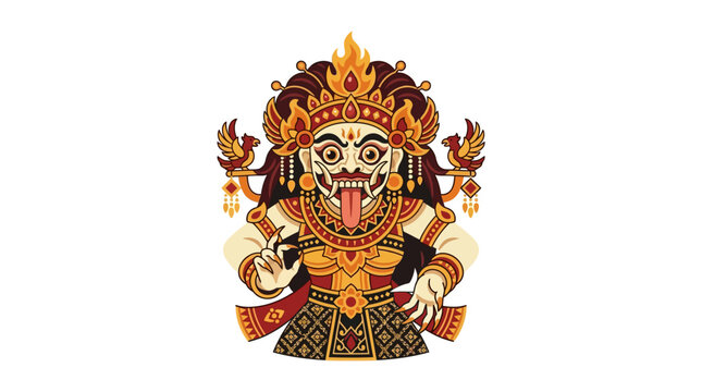 Fierce Balinese Rangda demon queen figure with long tongue.