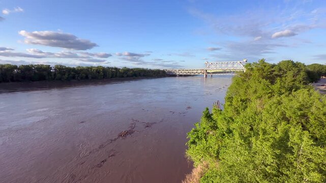 Missouri River with ASB Railroad Bridge and Heart of America Bridge in Kansas City 4K.
