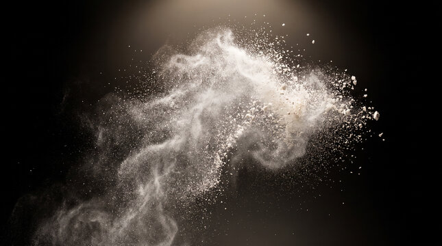 White powder explosion dispersing against dark background