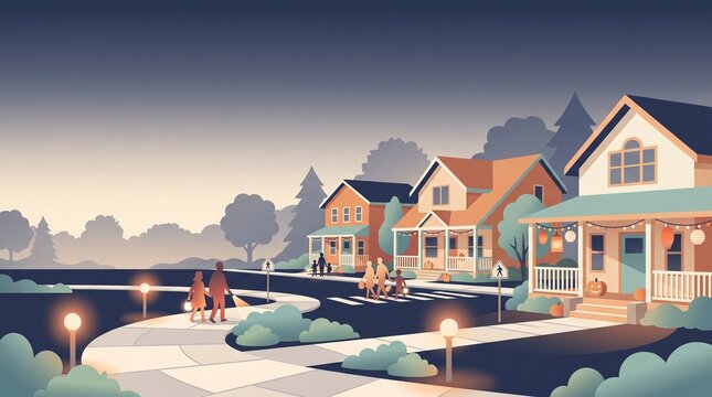 Suburban trick or treat route illustration at dusk