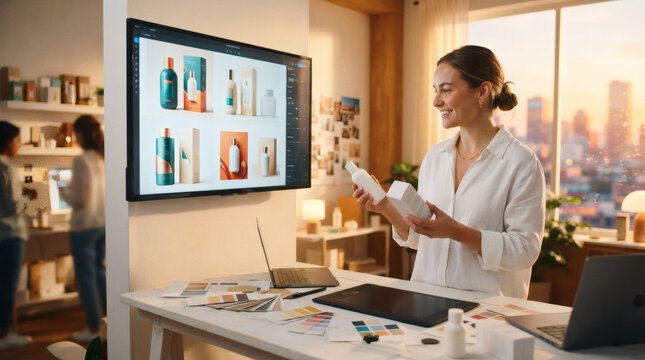 Packaging designer using AI tool to generate product container concepts on large display, 3D bottle and box prototypes visible on screen, designer holding physical 3D-printed sample comparing 