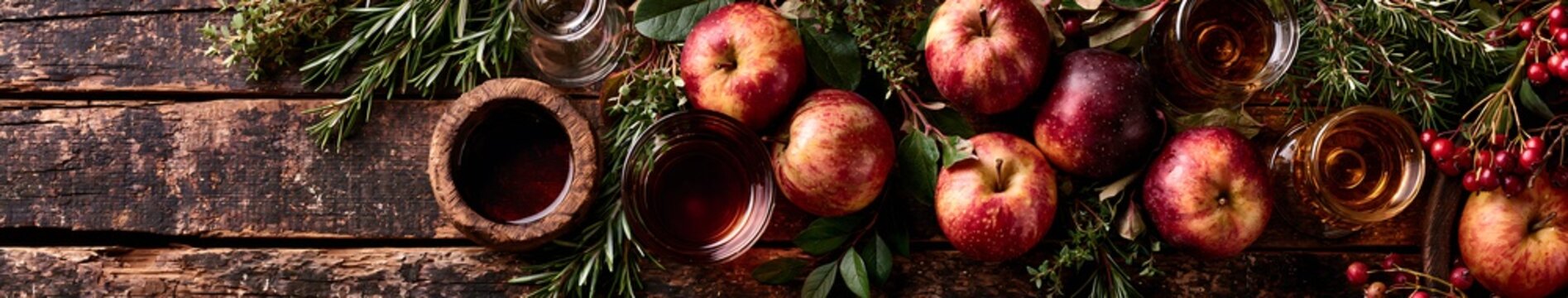 Rustic autumn apples with rosemary and berries alongside glasses of amber cider on a weathered wooden table