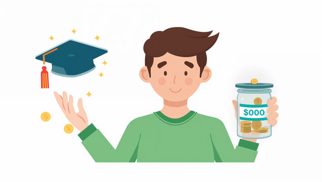 学士帽アイコンと貯金箱を手にして将来の目標へ投資する若者のイラスト