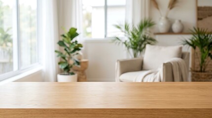 Fototapeta premium Empty Wooden Tabletop Blurred Living Room Background for Product Display and Presentation in Bright Minimalist Home Space