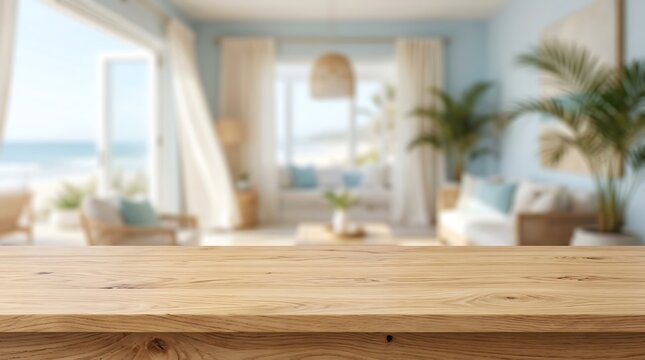 Empty wooden table foreground with blurred tropical beach house living room interior background for product placement