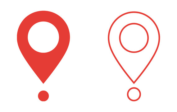 Location Pin Icons. A set of two location pin icons, one solid red and the other an outline in red, represent navigation and place.