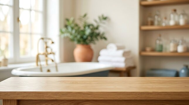 Empty wooden table surface in bright bathroom for product placement mockup display background with blurred spa interior