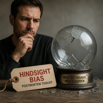 Hindsight bias concept with man studying a broken crystal ball and postmortem analysis