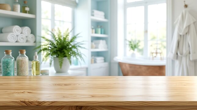 Empty wooden table top in bright spa bathroom interior for product display mockup background with bathtub and plants