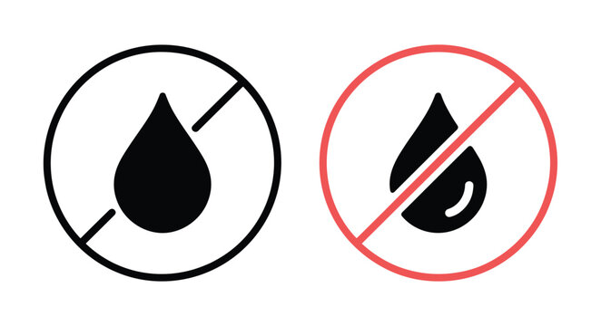 Water Drop Symbol. Two distinct symbols, one outlined in black and the other in red, both featuring a stylized water drop with a diagonal line through it.