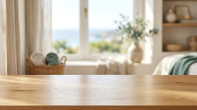 Empty wooden table top in modern bright coastal room with sea view window background for product display mockup concept