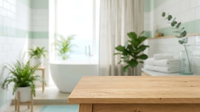 Empty wooden table top in modern bright bathroom background with white bathtub and green plants for product mockup