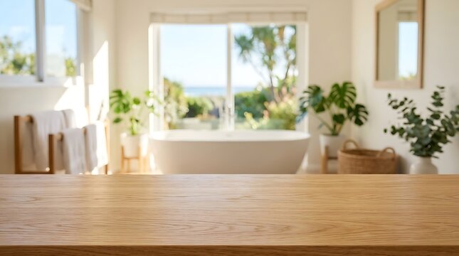 Empty wooden table surface for product display in luxury blurred bathroom interior with sunny garden window view frame.