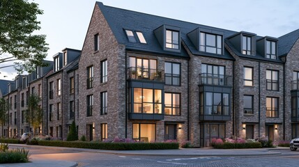 Obraz premium A row of identical starter homes stands on an evening street. One home glows warmly, highlighting the affordable housing design.