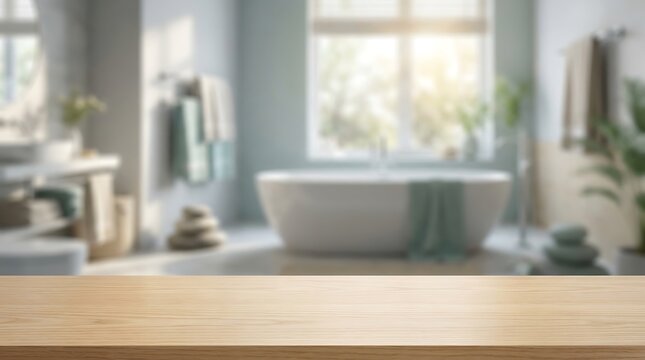 Empty Wooden Tabletop Backdrop for Product Display in Blurred Spa Bathroom Interior with Natural Sunlight Background