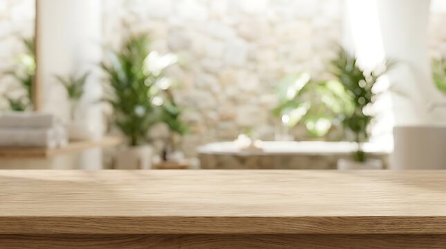 Wooden Table Countertop with Blurred Spa Bathroom Interior Background for Product Display Mockup Wellness Presentation