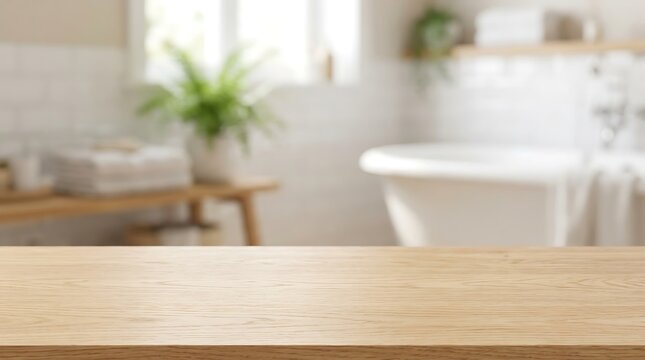 Empty Wood Table Surface in Blurred Bright Bathroom Interior Background for Beauty Product Display and Marketing Mockup.