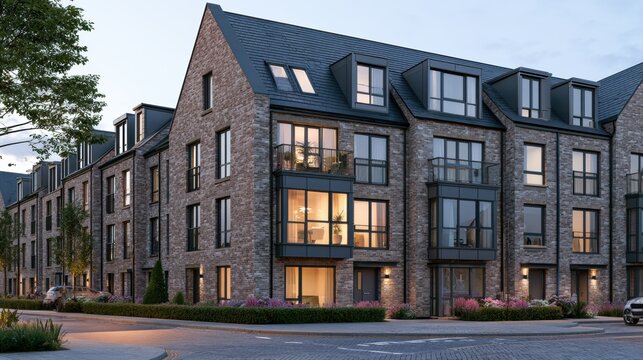 A row of identical starter homes stands on an evening street. One home glows warmly, highlighting the affordable housing design.