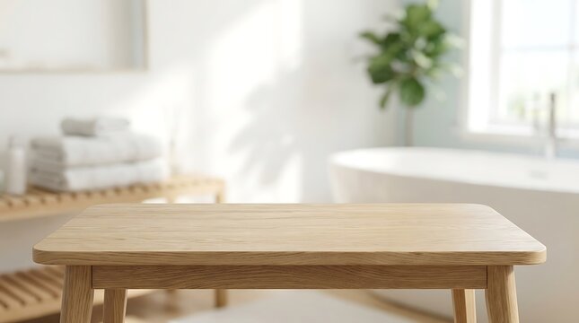 Empty Wooden Table Surface with Blurred Modern Bathroom Background for Product Placement Mockup Presentation Backdrop.