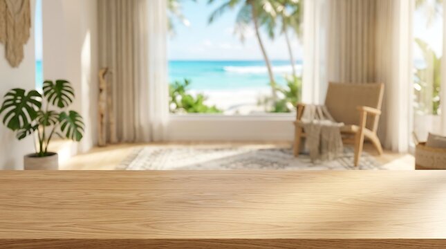 Empty wooden tabletop for product display in modern tropical interior with blurred beach view for summer promotion