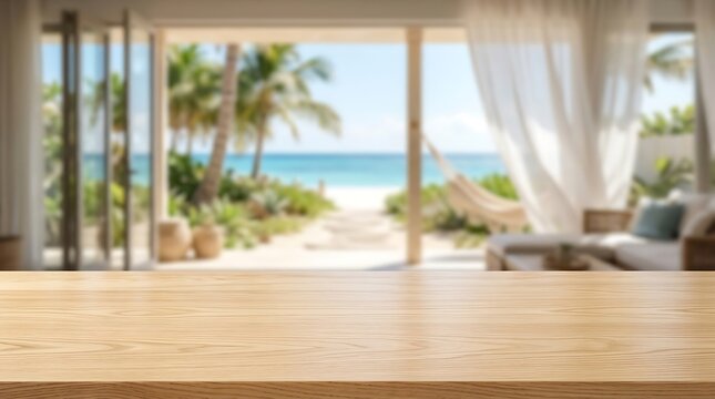 Empty Wooden Table Top for Product Display with Blurred Tropical Beach Resort Terrace Background and Sunny Ocean View
