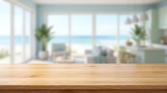Empty wooden table counter in modern beach house kitchen for product display backdrop with blurred ocean view window.