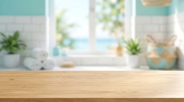 Empty wooden tabletop product display podium in bright blurred sunny bathroom background with ocean view window scene.