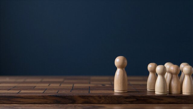Wooden chess pieces on a board, one lone piece facing a group.