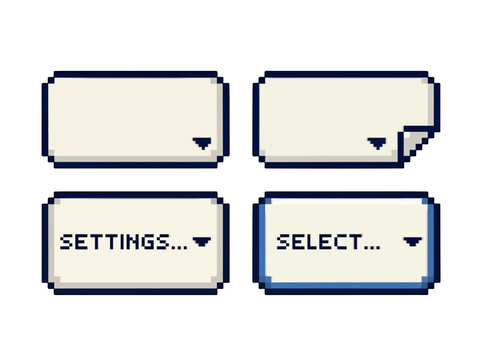 Retro pixel art game UI buttons and dialogue boxes