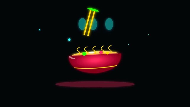animated neon ramen bowl performs a celebratory dance for lunar new year while presenting a steaming vegan banquet in this vibrant and playful digital illustration
