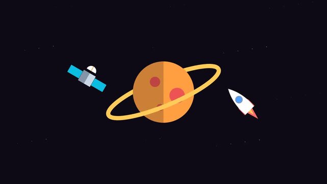 Flat design illustration of a planet with rings, a satellite, and a rocket in the vastness of outer space.