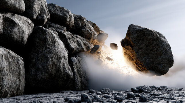 Massive stone wall large rock explosion dust debris dramatic outdoor destruction impact power massive stone wall is shattered by large rock