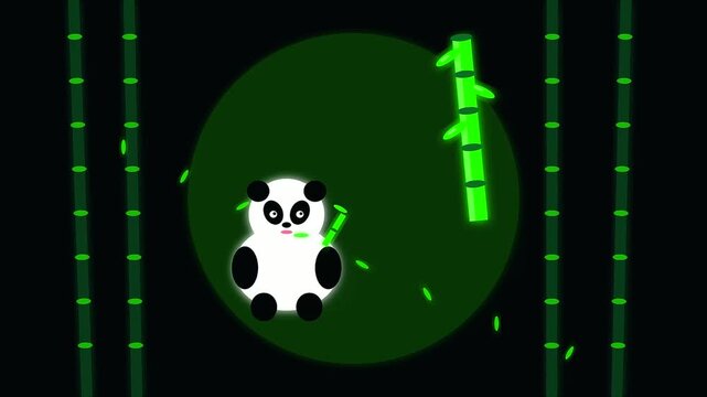 cartoon panda bears engage in a festive lunar new year vegan banquet celebration with floating green bamboo stalks inside glowing circular frames on dark night canvas