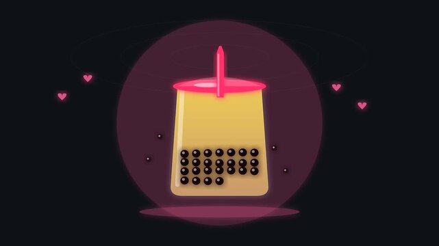 A glowing pearl tea animation during a lunar new year vegan banquet featuring pulsing light effects and rising tapioca spheres inside a sleek glass container