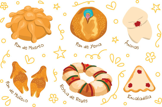 dibujo pan de muerto, pan de yema, &aacute;nimas, pan de mu&ntilde;eco, encaladilla y rosca de reyes Panader&iacute;a mexicana