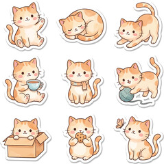 Fototapeta premium Set of cute orange tabby cat watercolor style sticker bundle