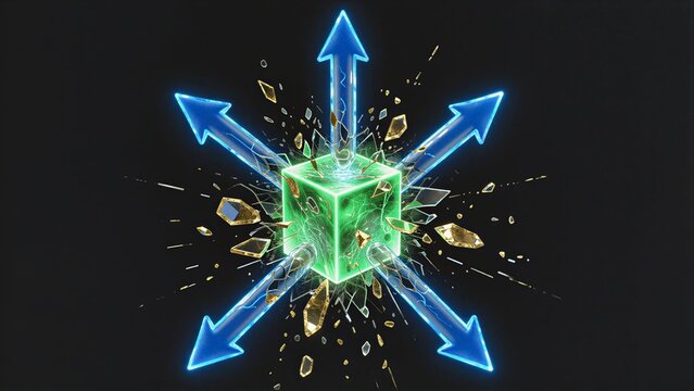 Luminous green cube explodes with blue arrows and golden shards against dark background.