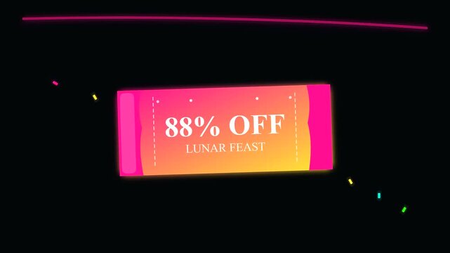 Vibrant pink rectangle coupons displaying a vegan banquet promotion for lunar new year seasonal celebrations with floating festive lights set against a deep black void