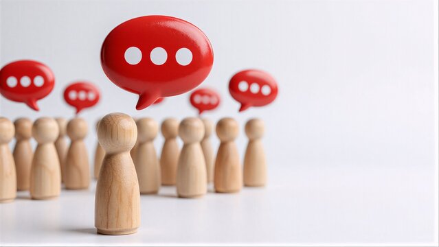 Wooden figures with red speech bubbles symbolize communication and group discussion.