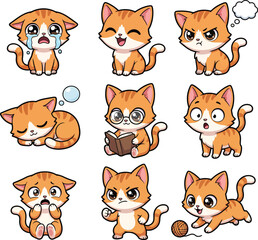 Fototapeta premium Set of cute orange tabby cat character with various expressions