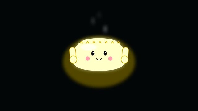 A glowing animated dumpling character performing a lively dance routine during a festive lunar new year celebration featuring a delicious plant based vegan banquet feast