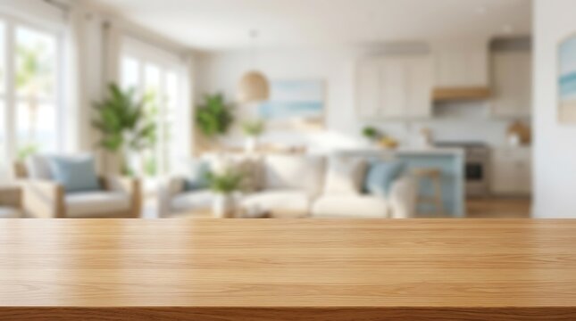 Empty wooden table top mockup for product display in blurred modern living room and kitchen interior background space