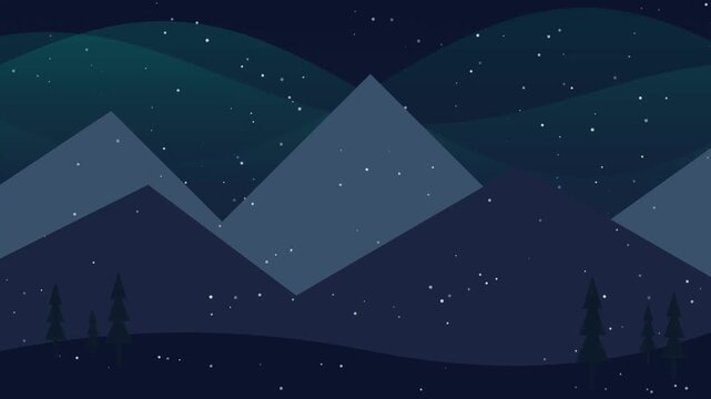 A stylized night landscape with dark mountains, a starry sky, and a subtle aurora glow.