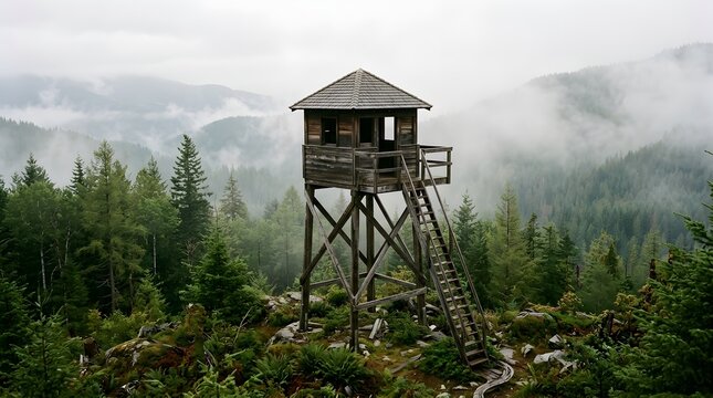 Rustic wooden lookout tower overlooking misty pine forest