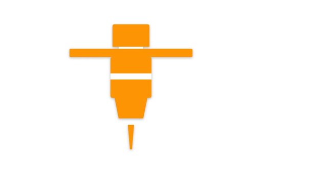 Orange jackhammer icon on white background, industrial tool symbol.