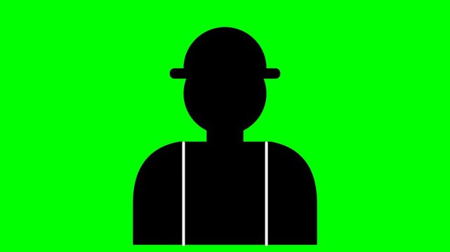 Silhouette of a person wearing a hat and suspenders against a green background.