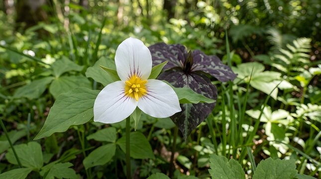 Close-up of a delicate white trillium flower blooming in a lush green forest floor