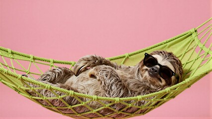 Fototapeta premium Sloth in sunglasses relaxes in a green hammock against pink background.